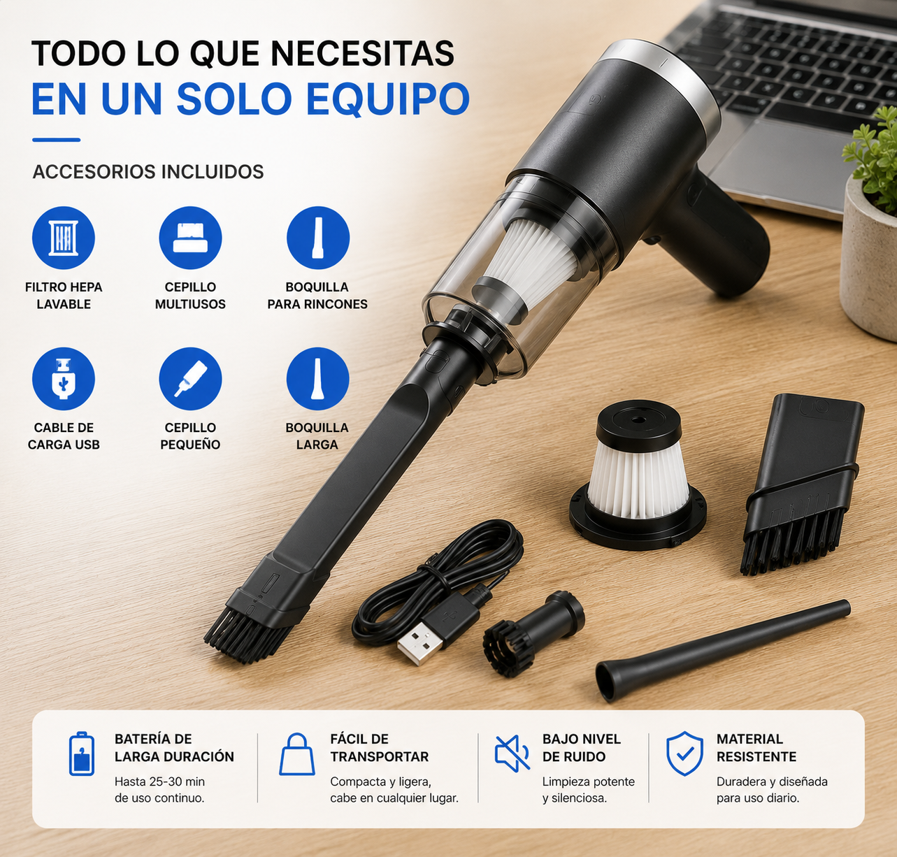 Aspiradora Portátil Inalámbrica para Auto y Hogar