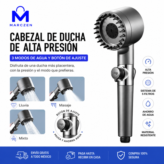 Cabezal de Ducha de Alta Presión con Masaje | 3 Modos de Agua y Botón de Pausa