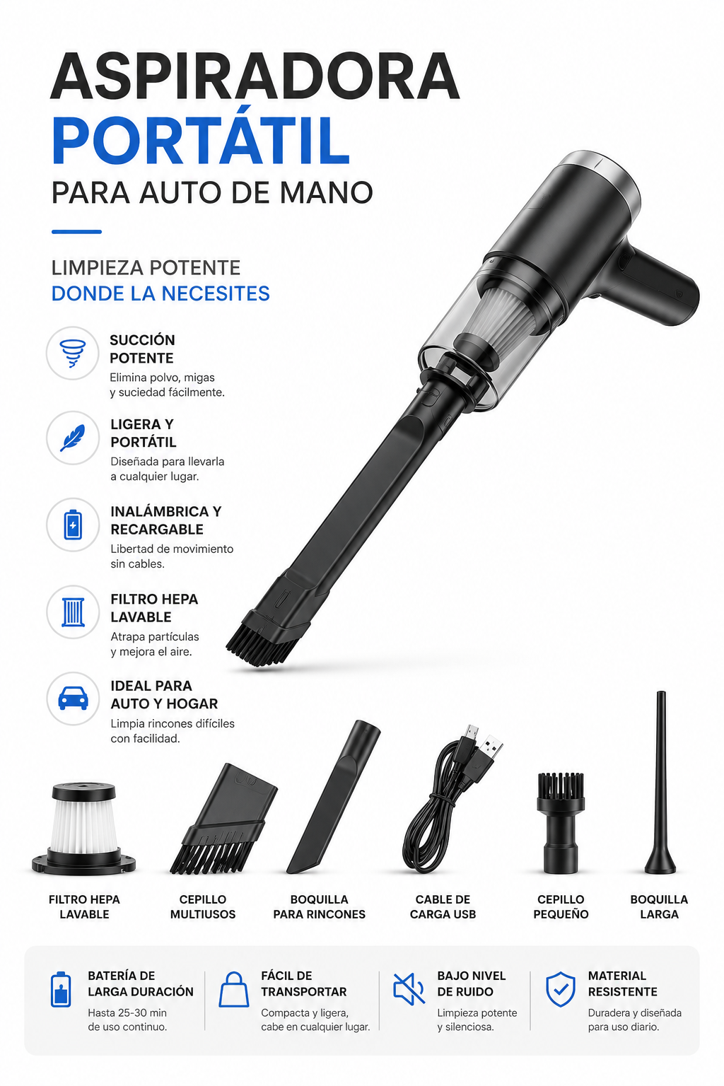 Aspiradora Portátil Inalámbrica para Auto y Hogar